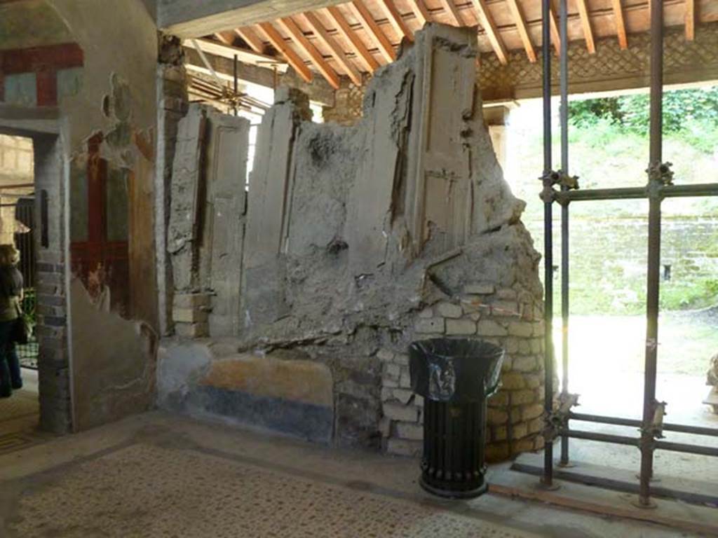 Oplontis, May 2011. Room 15, looking towards south-east corner of the oecus, with a plaster-cast of window shutters in the south wall. Photo courtesy of Michael Binns.