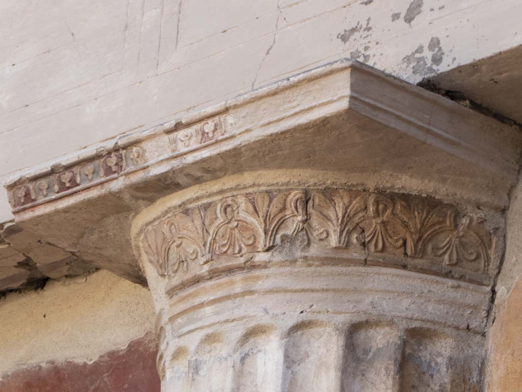 Oplontis Villa of Poppea, September 2017. Room 20, detail of stucco decoration on column imbedded into the east wall. 
Foto Annette Haug, ERC Grant 681269 DÉCOR.