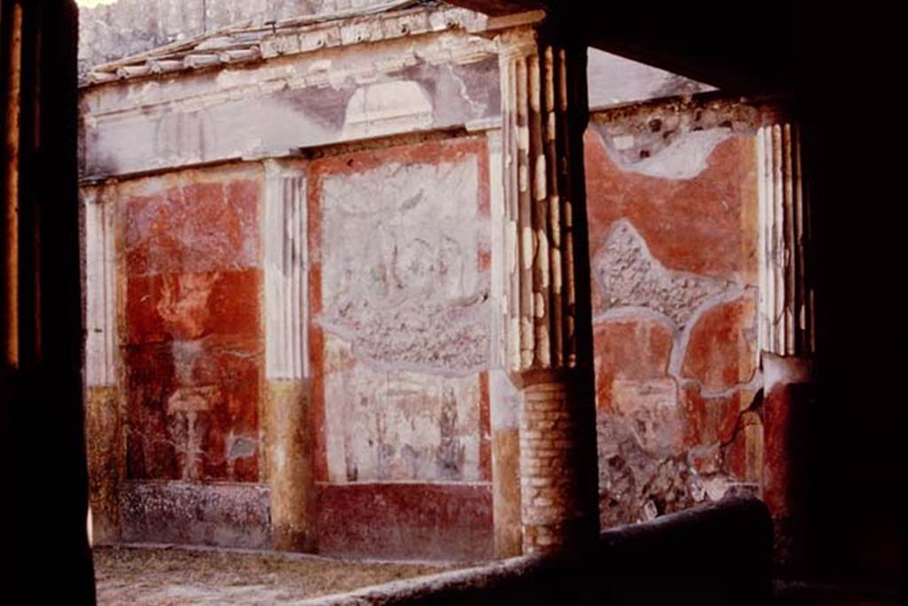 Oplontis, 1977. Looking towards east wall, and north-east corner, from room 4. Photo by Stanley A. Jashemski.   
Source: The Wilhelmina and Stanley A. Jashemski archive in the University of Maryland Library, Special Collections (See collection page) and made available under the Creative Commons Attribution-Non Commercial License v.4. See Licence and use details. J77f0321