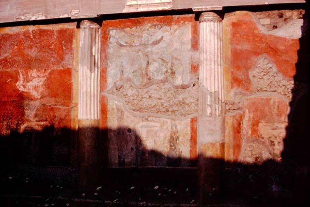 Oplontis, 1974. Room 20, east wall of enclosed garden. Photo by Stanley A. Jashemski.   
Source: The Wilhelmina and Stanley A. Jashemski archive in the University of Maryland Library, Special Collections (See collection page) and made available under the Creative Commons Attribution-Non Commercial License v.4. See Licence and use details. J74f0671