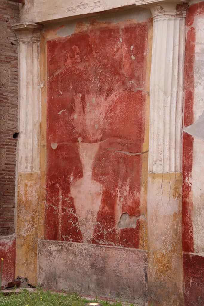 Oplontis Villa of Poppea, May 2024. 
Room 20, detail from north end of east wall. Photo courtesy of Klaus Heese.
(Note: in the 1968, 1974 and 1977 photos above, this appeared to be a square fountain.)