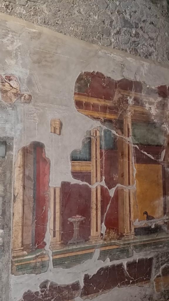 Oplontis Villa of Poppea, January 2023. 
Room 23, detail from south wall. Photo courtesy of Miriam Colomer.
