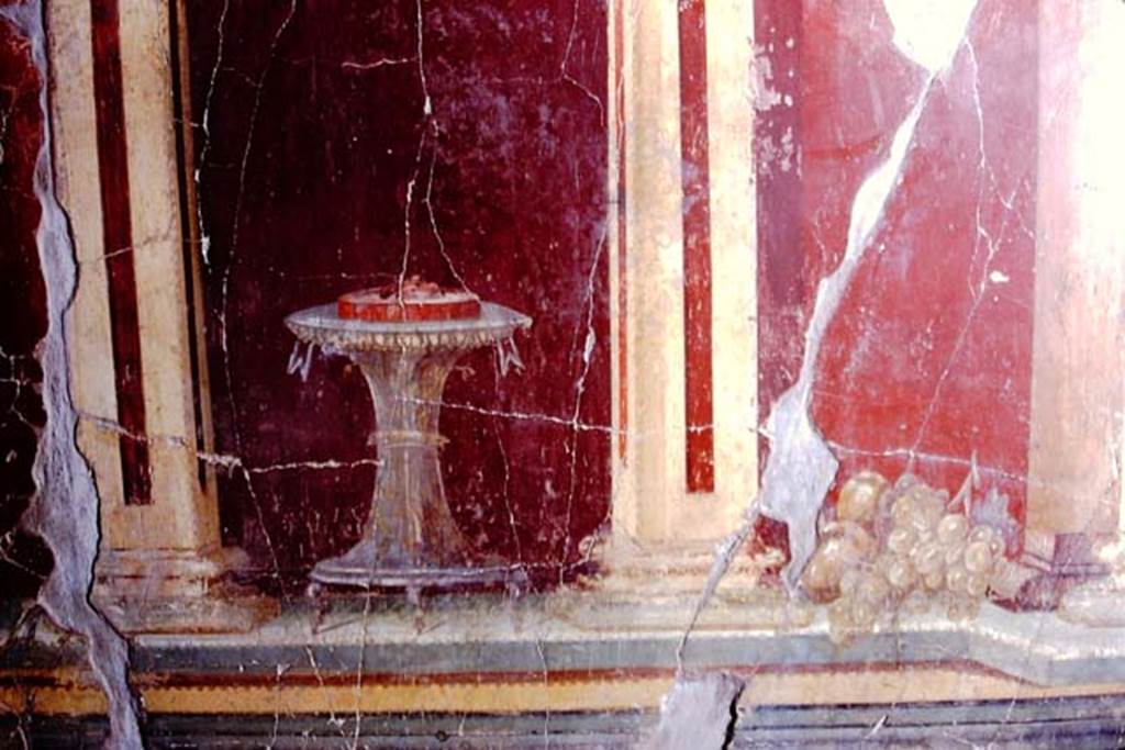 Oplontis, 1972 (or 1973). Room 23 painted wall. Photo by Stanley A. Jashemski. 
Source: The Wilhelmina and Stanley A. Jashemski archive in the University of Maryland Library, Special Collections (See collection page) and made available under the Creative Commons Attribution-Non Commercial License v.4. See Licence and use details. J72f0257