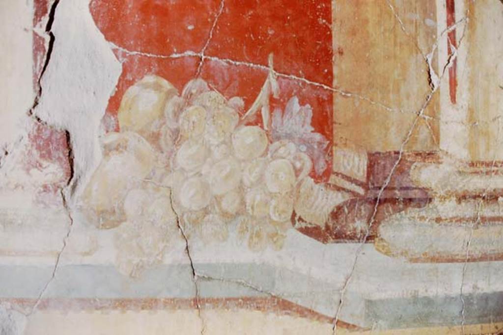 Oplontis, 1975. Room 23, a still-life of a bunch of grapes from the side wall. Photo by Stanley A. Jashemski.   
Source: The Wilhelmina and Stanley A. Jashemski archive in the University of Maryland Library, Special Collections (See collection page) and made available under the Creative Commons Attribution-Non Commercial License v.4. See Licence and use details. J75f0248