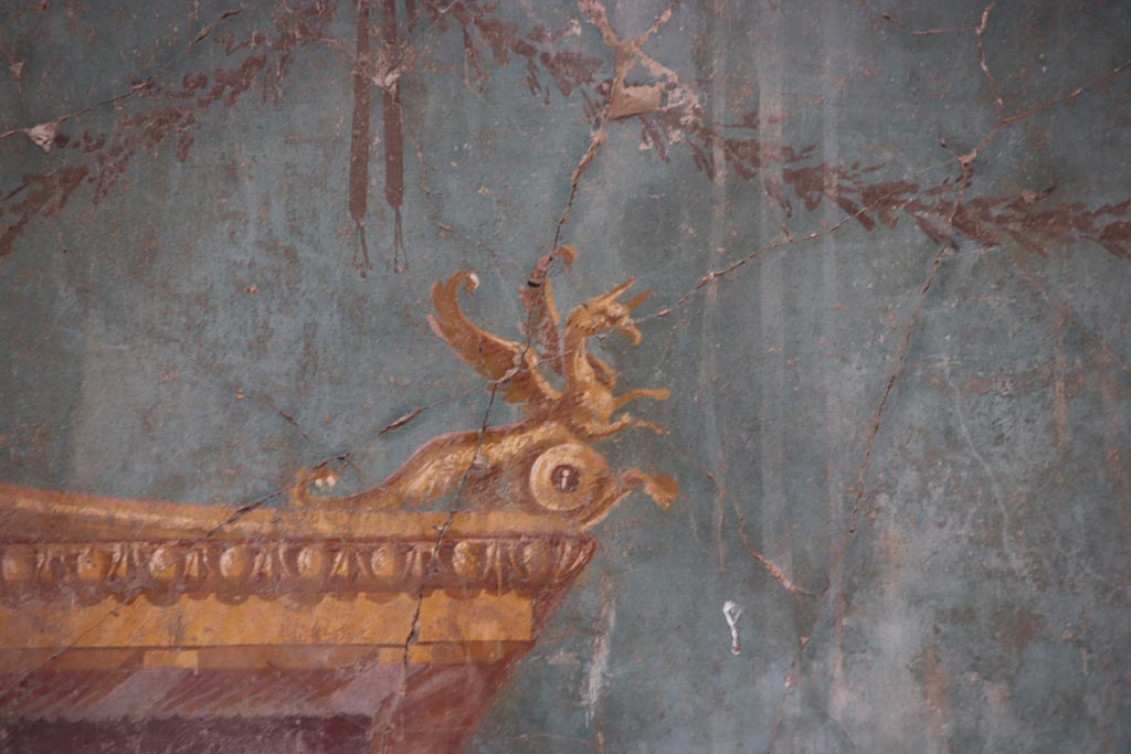 Oplontis Villa of Poppea, October 2022. Room 23, detail from north end of centre of upper west wall. Photo courtesy of Klaus Heese.