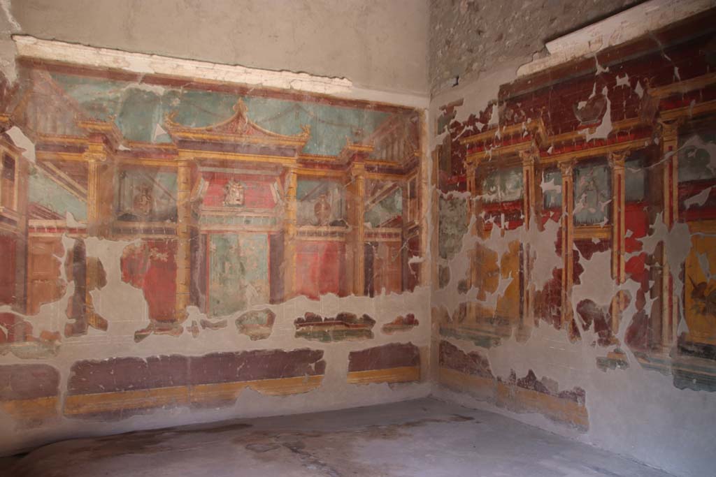 Oplontis Villa of Poppea, September 2021. 
Room 23, looking towards west wall, and north-west corner. Photo courtesy of Klaus Heese.