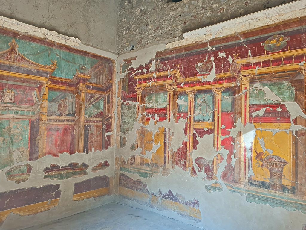 Oplontis Villa of Poppea, October 2023.  
Room 23, looking towards north-west corner and north wall, on right. Photo courtesy of Giuseppe Ciaramella.