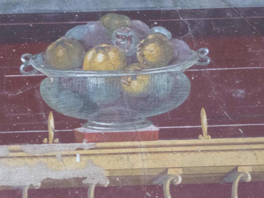 Oplontis Villa of Poppea, September 2017. Room 23, still-life of a glass bowl of pomegranates from upper north wall. 
Foto Annette Haug, ERC Grant 681269 DÉCOR.