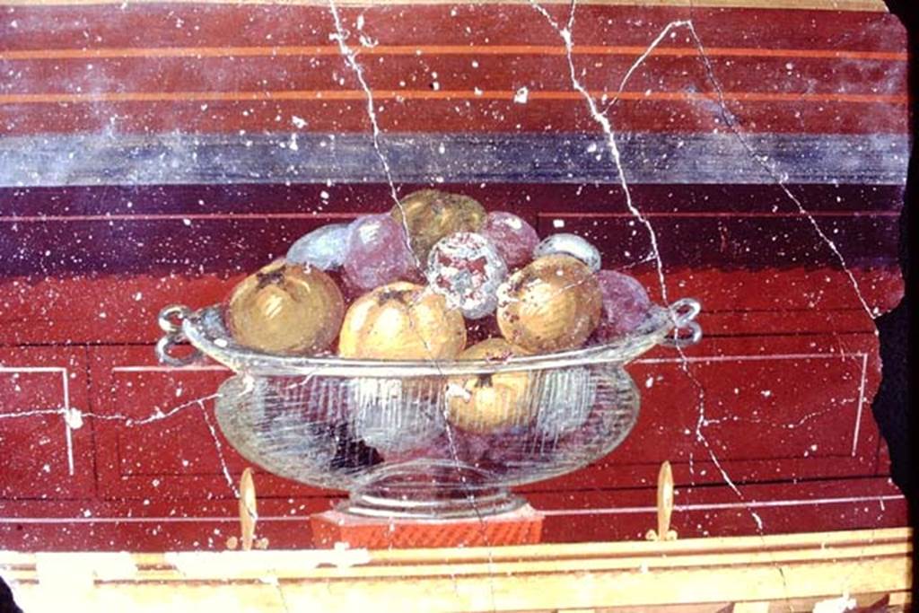 Oplontis, 1968.  Room 23, detail of bowl with pomegranates. Photo by Stanley A. Jashemski.
Source: The Wilhelmina and Stanley A. Jashemski archive in the University of Maryland Library, Special Collections (See collection page) and made available under the Creative Commons Attribution-Non Commercial License v.4. See Licence and use details. J68f1465