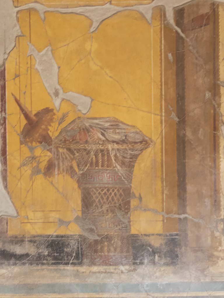 Oplontis Villa of Poppea, September 2017. 
Room 23, north wall, detail of painted basket of fruit covered with a transparent veil.
Foto Annette Haug, ERC Grant 681269 DÉCOR.