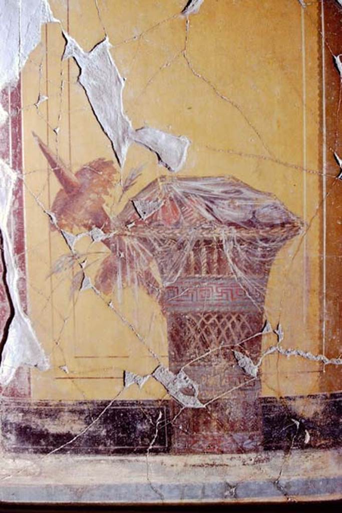 Oplontis, 1972 (or 1973). Room 23, painted wicker basket filled with fruits, and covered with a transparent cover. Photo by Stanley A. Jashemski. 
Source: The Wilhelmina and Stanley A. Jashemski archive in the University of Maryland Library, Special Collections (See collection page) and made available under the Creative Commons Attribution-Non Commercial License v.4. See Licence and use details. J72f0260
