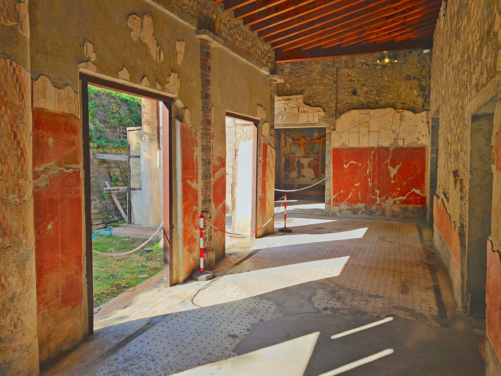 Oplontis Villa of Poppea, October 2023. 
Room 24, portico looking west towards doorway to room 23, centre right. Photo courtesy of Giuseppe Ciaramella.