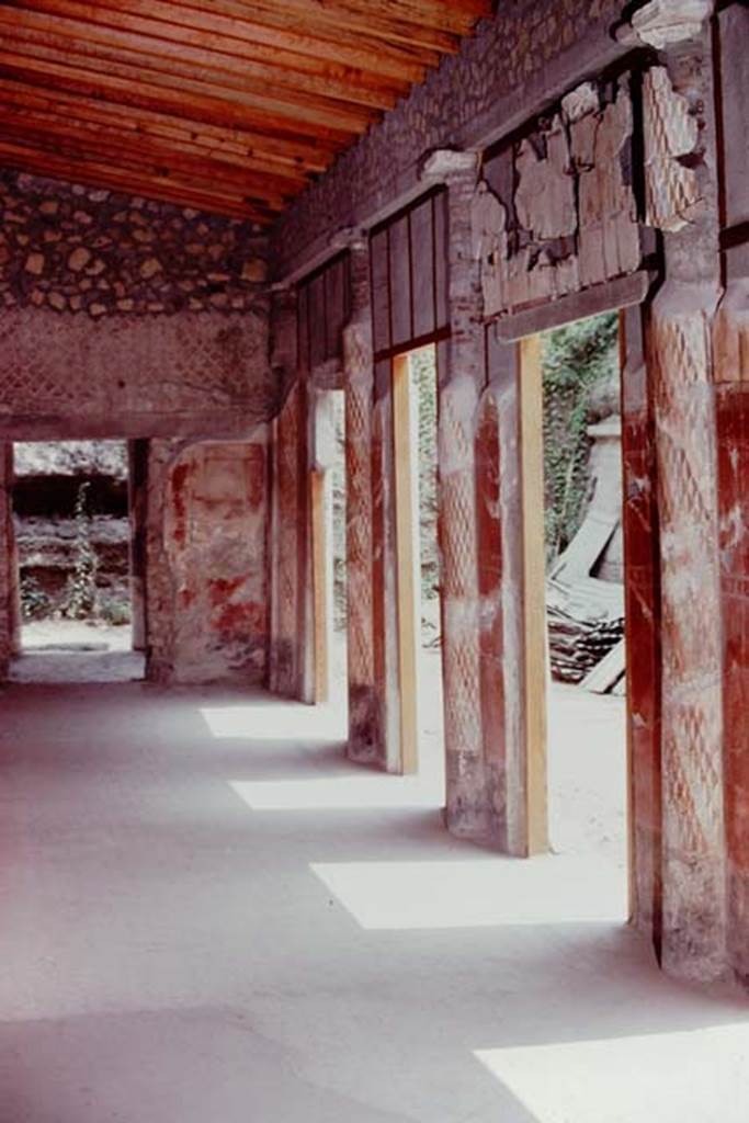Oplontis, 1974. Room 24, Looking east along portico.  Photo by Stanley A. Jashemski.   
Source: The Wilhelmina and Stanley A. Jashemski archive in the University of Maryland Library, Special Collections (See collection page) and made available under the Creative Commons Attribution-Non Commercial License v.4. See Licence and use details. J74f0628