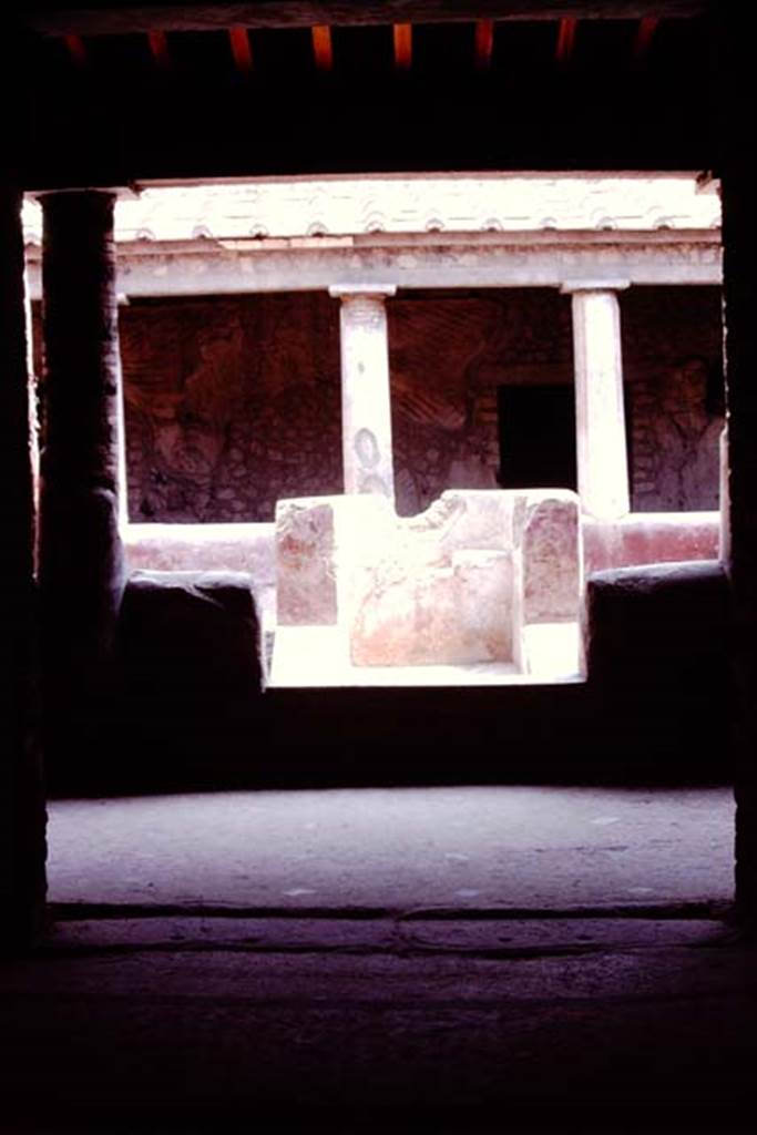 Oplontis, 1974. Room 32, Looking east across the rustic peristyle from room 27. Photo by Stanley A. Jashemski.   
Source: The Wilhelmina and Stanley A. Jashemski archive in the University of Maryland Library, Special Collections (See collection page) and made available under the Creative Commons Attribution-Non Commercial License v.4. See Licence and use details. J74f0622
