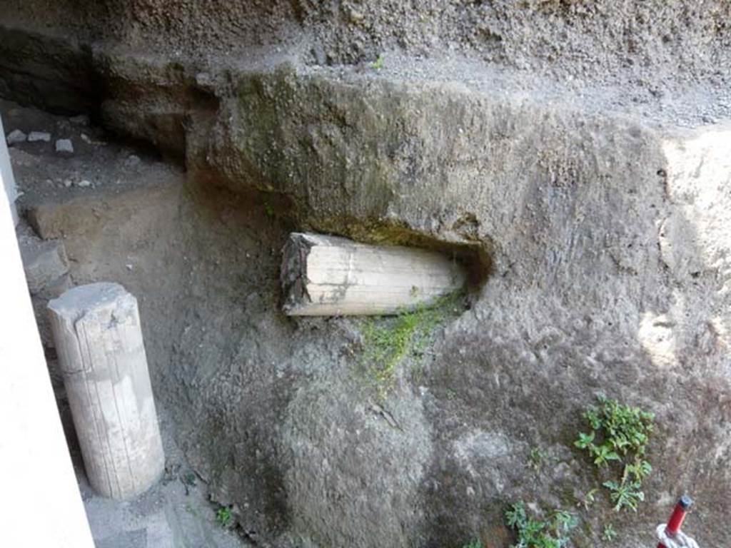 Oplontis, May 2011. West portico 33, column snapped off and embedded in volcanic debris. Photo courtesy of Buzz Ferebee.