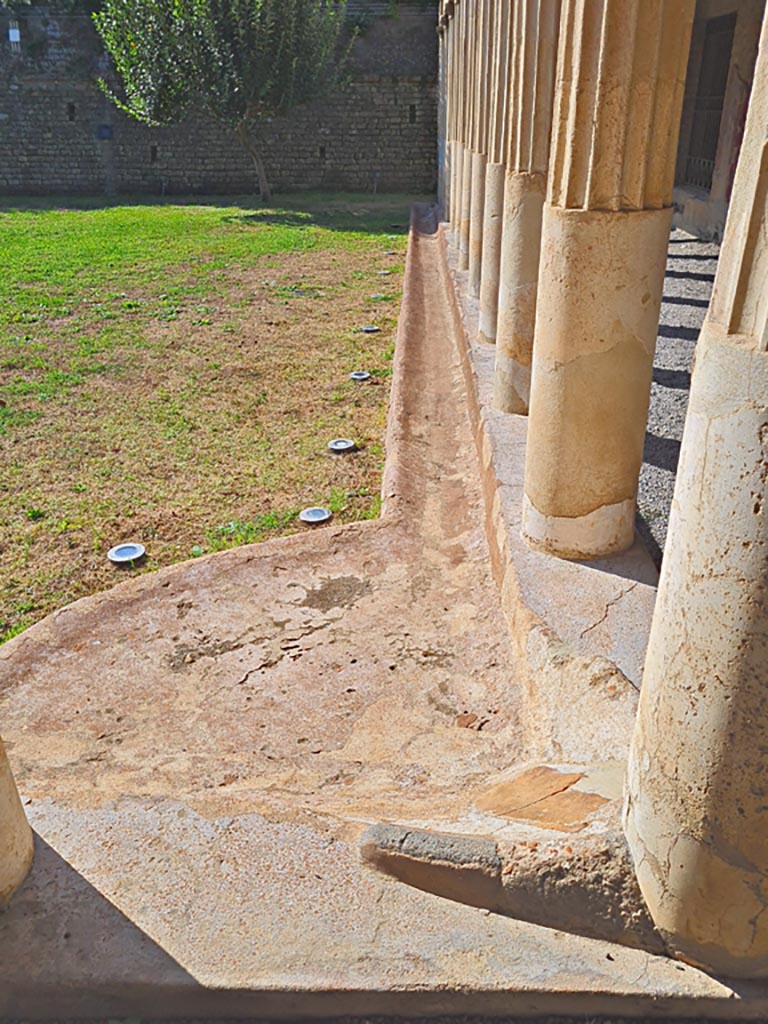 Oplontis Villa of Poppea, October 2023. 
Portico 40, looking south along gutter near west portico. Photo courtesy of Giuseppe Ciaramella.