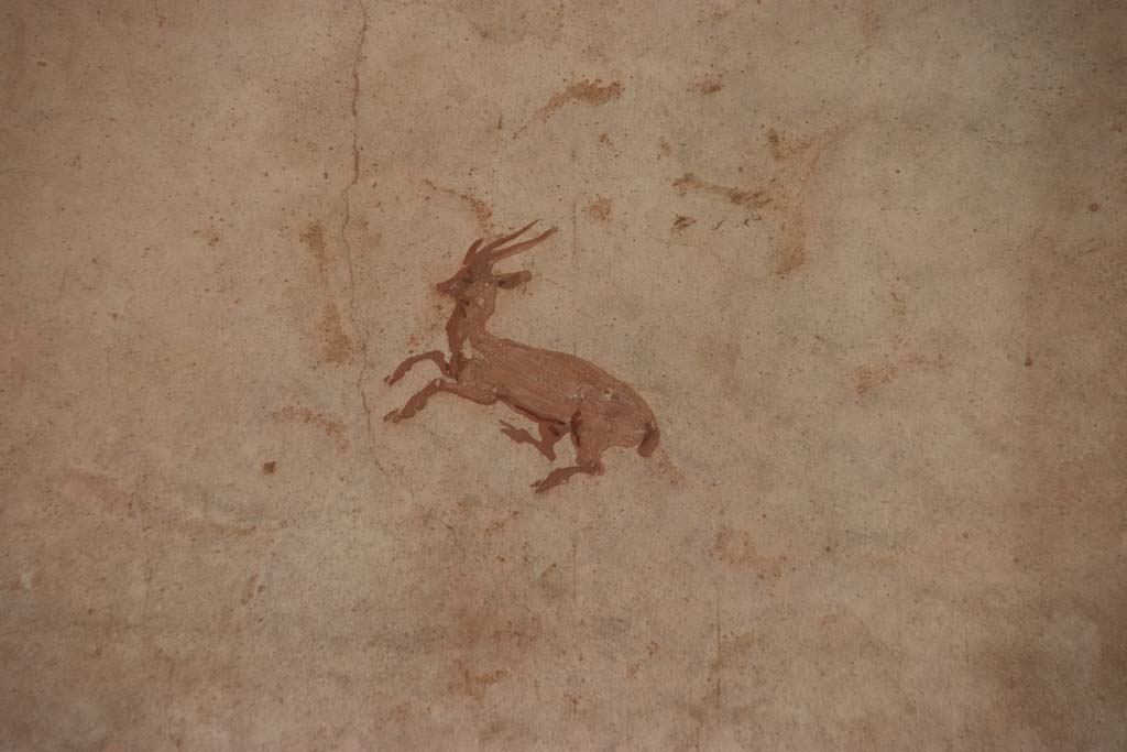 Oplontis Villa of Poppea, September 2021. 
Portico 40, east wall, painted wall decoration of deer/gazelle. Photo courtesy of Klaus Heese.