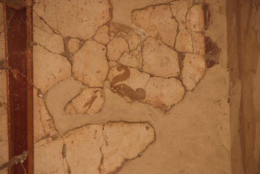 Oplontis Villa of Poppea, October2020. Room 41, detail of painted decoration from upper north wall of alcove, at east end.  
Photo courtesy of Klaus Heese.