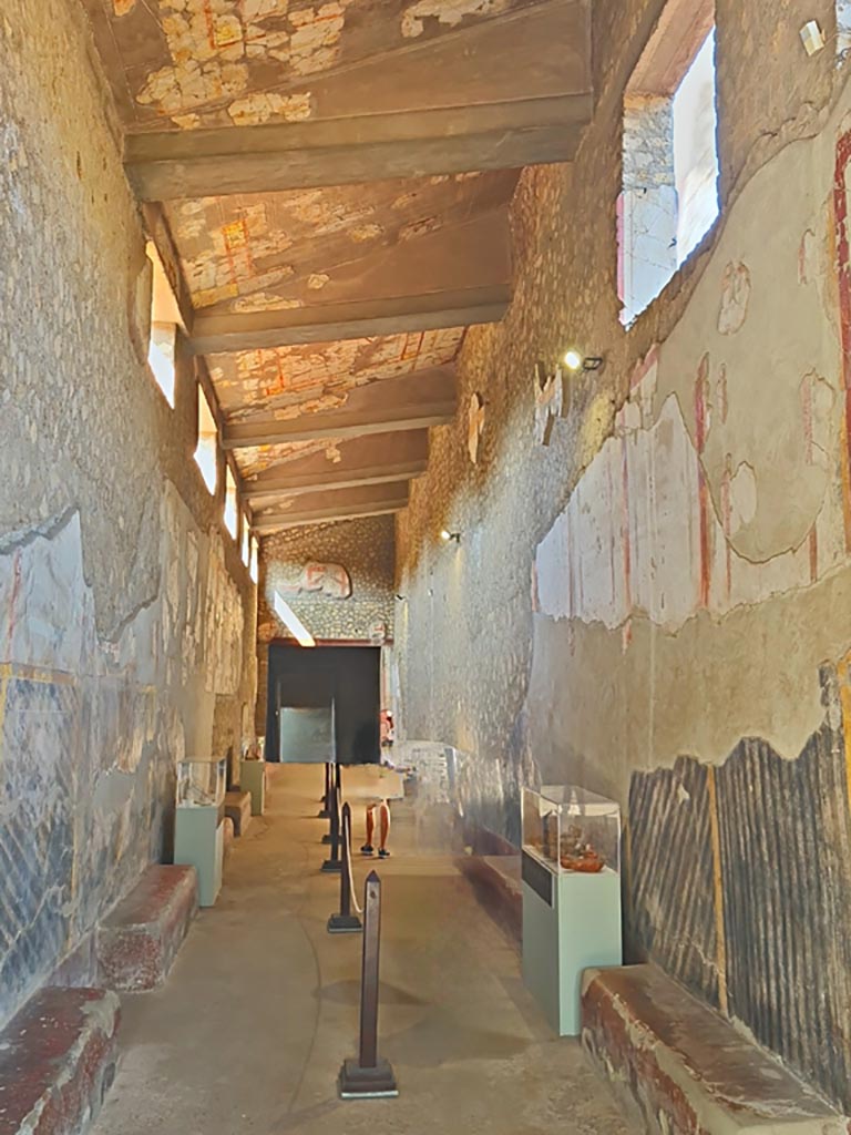 Oplontis Villa of Poppea, October 2023. 
Corridor 46, with display cases, looking west. Photo courtesy of Giuseppe Ciaramella.