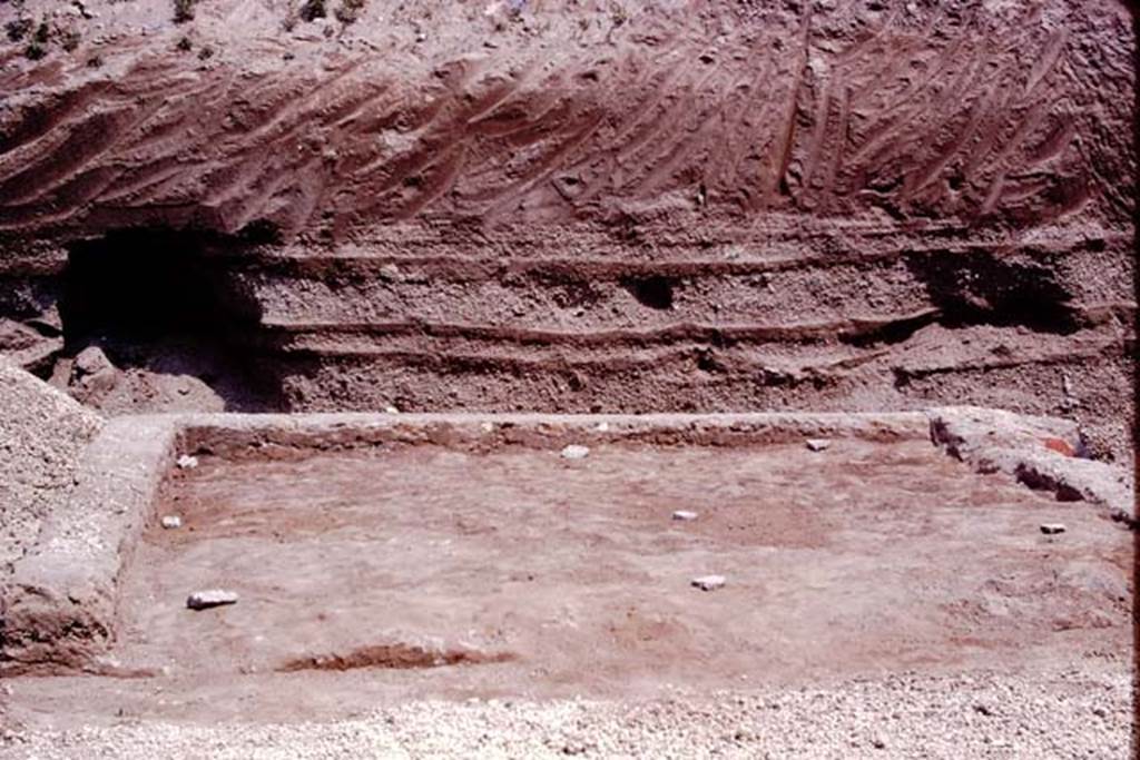 Oplontis, 1974. Room 58, looking east towards the still unexcavated area, which would prove to be the eastern end of the north garden. According to Wilhelmina, this small area had been turned into a garden by filling the foundations of a room with soil.  Eight root-cavities, planted in three rows, were found in this garden in 1974, each root cavity was protected by a stone as can be seen in the above photo.
Photo by Stanley A. Jashemski.   
Source: The Wilhelmina and Stanley A. Jashemski archive in the University of Maryland Library, Special Collections (See collection page) and made available under the Creative Commons Attribution-Non Commercial License v.4. See Licence and use details. J74f0639