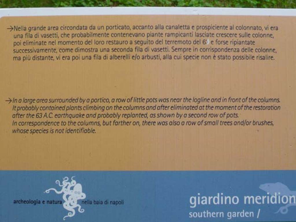 Oplontis, May 2010. Notice-board describing the plantings in the south-east peristyle.  See also Jashemski excavations, 1978.  Photo courtesy of Buzz Ferebee.