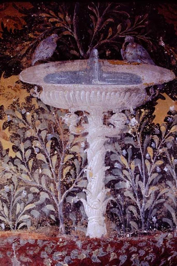 Oplontis, 1976.Room 61, detail of fountain from south wall. Photo by Stanley A. Jashemski.   
Source: The Wilhelmina and Stanley A. Jashemski archive in the University of Maryland Library, Special Collections (See collection page) and made available under the Creative Commons Attribution-Non Commercial License v.4. See Licence and use details. J76f0394