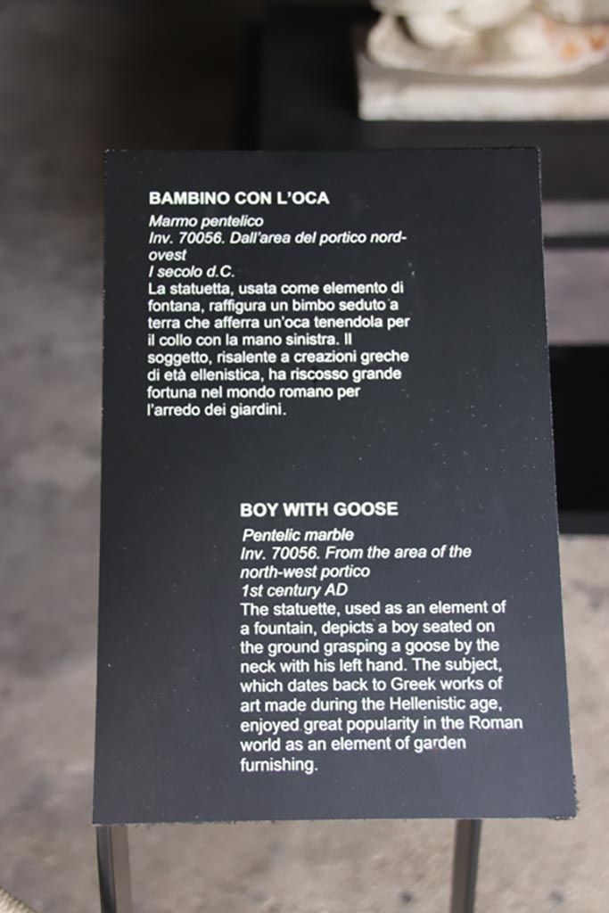 Villa of Poppaea, Oplontis, October 2023. 
Corridor 63, description card for marble statuette, inv. 70056. Photo courtesy of Klaus Heese.