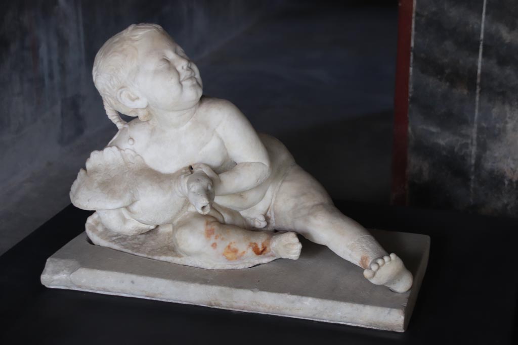 Villa of Poppaea, Oplontis, October 2023. Corridor 63, marble statuette of boy with goose, inv. 70056. Photo courtesy of Klaus Heese.