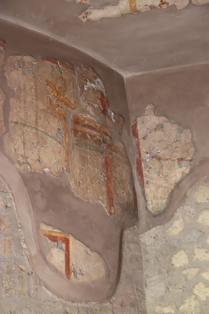 Oplontis Villa of Poppea, May 2024. 
Room 66, detail of painted decoration above window into room 78. Photo courtesy of Klaus Heese.