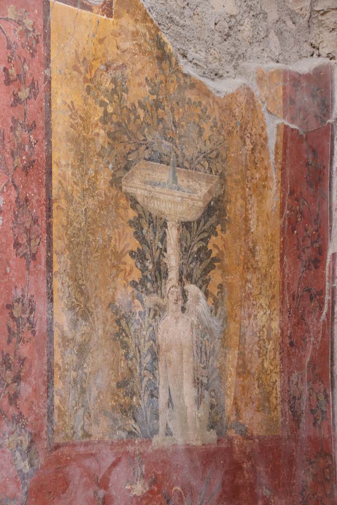Oplontis Villa of Poppea, September 2021.   
Room 68, detail of panel at south end of east wall. Photo courtesy of Klaus Heese.
