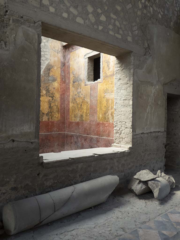 Oplontis Villa of Poppea, September 2017. 
Room 69, south wall with window to room 68, and broken column below.
Foto Annette Haug, ERC Grant 681269 DÉCOR.