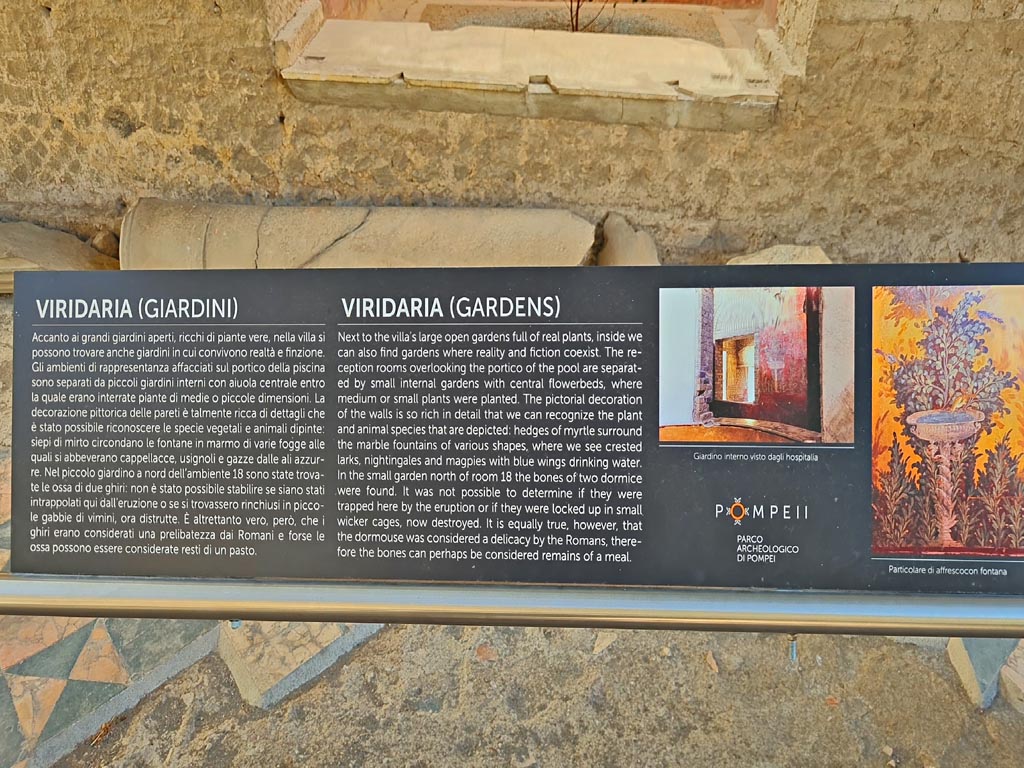 Oplontis Villa of Poppea, October 2023. Room 69, descriptive notice-board. Photo courtesy of Giuseppe Ciaramella.