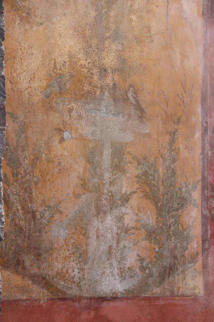 Oplontis Villa of Poppea, September 2021.  
Room 70, painted square fountain from south end of west wall, with plants and birds. 
Photo courtesy of Klaus Heese.