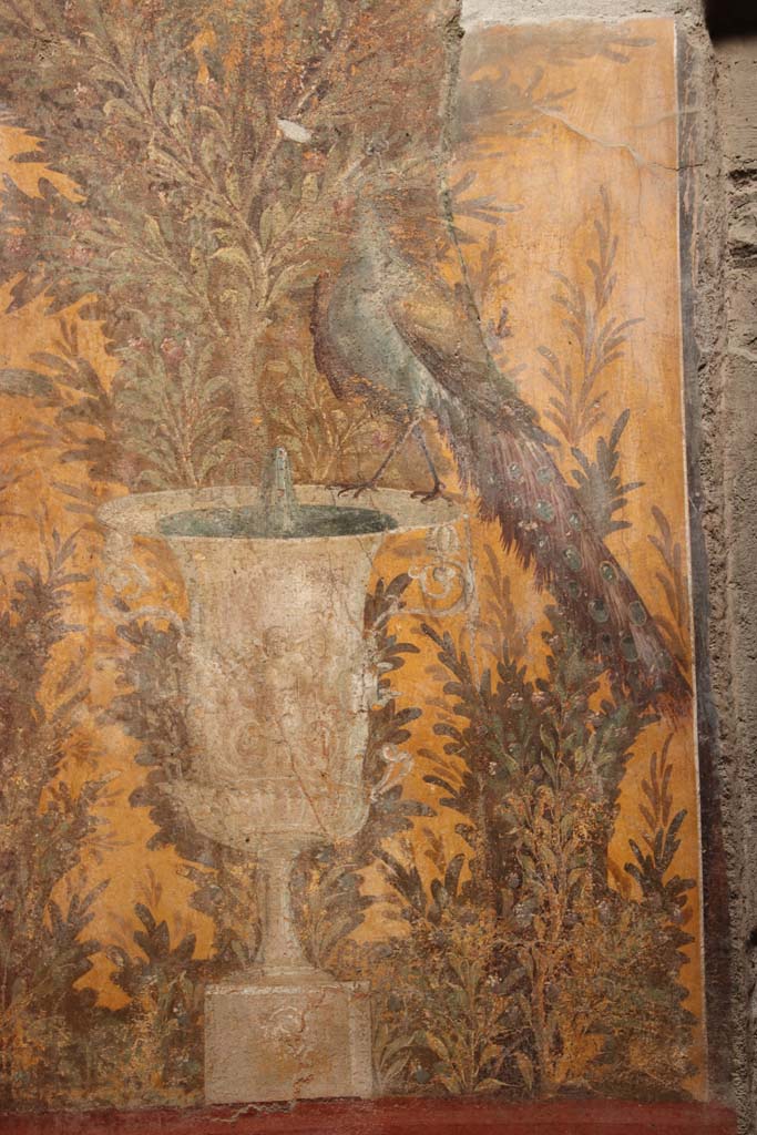 Oplontis Villa of Poppea, September 2021.  
Room 70, detail of peacock from north wall in north-west corner. Photo courtesy of Klaus Heese.