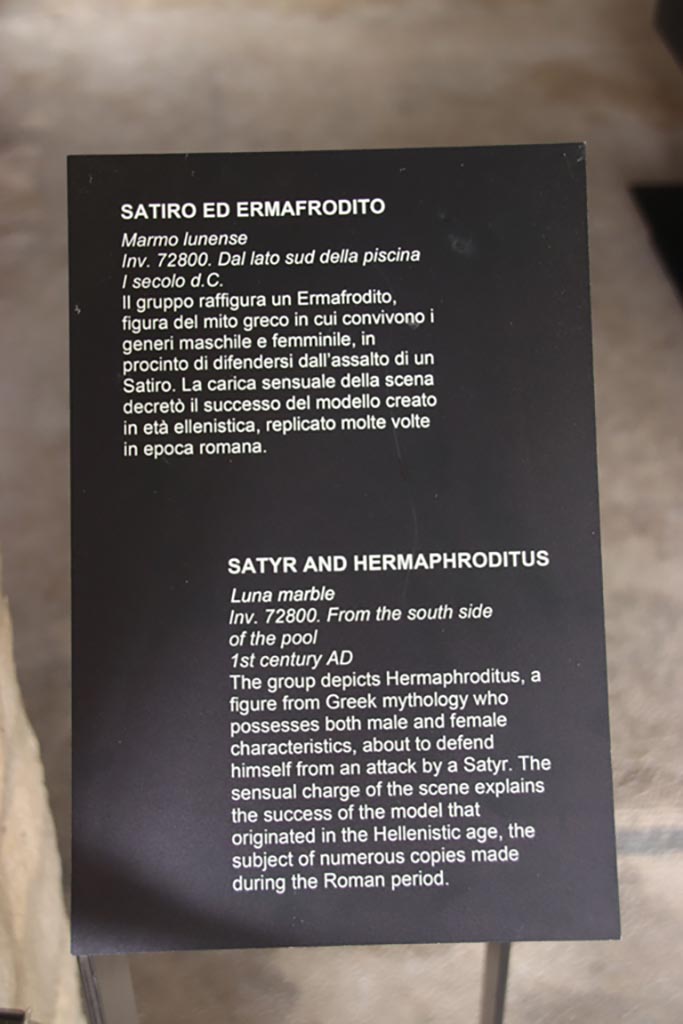 Villa of Poppaea, Oplontis, October 2023. 
Room 74, description card for statue, inv. 72800. Photo courtesy of Klaus Heese.