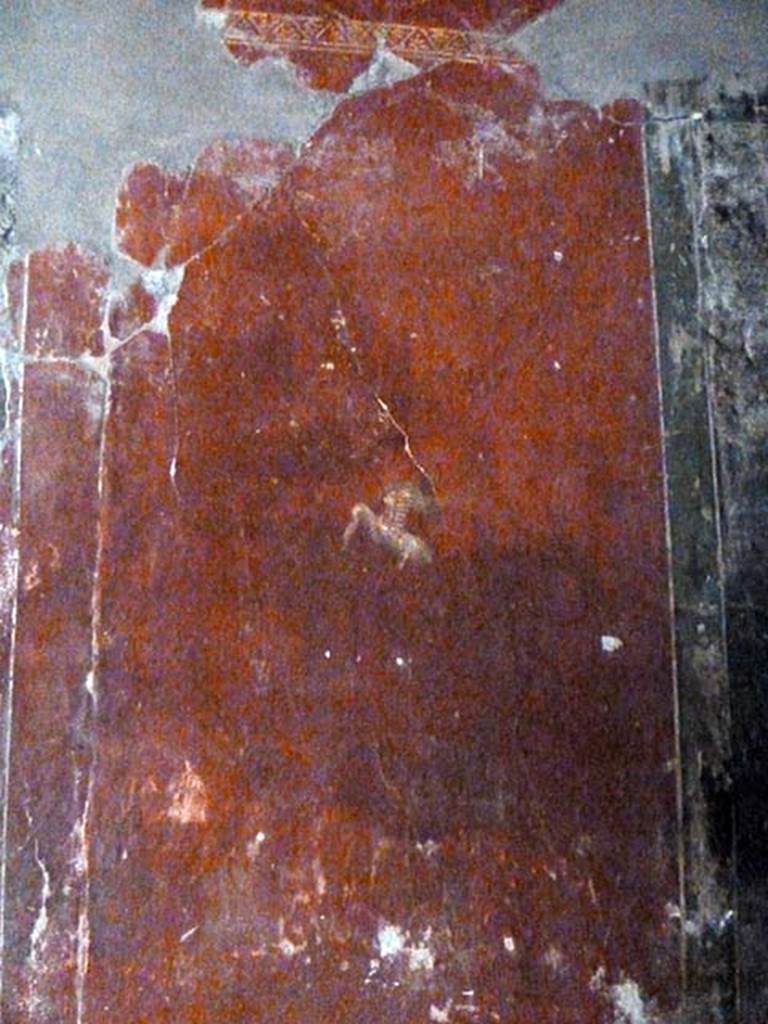 Oplontis Villa of Poppea, September 2015. Corridor 77, red panel in the middle area of the west wall, black zoccolo below.