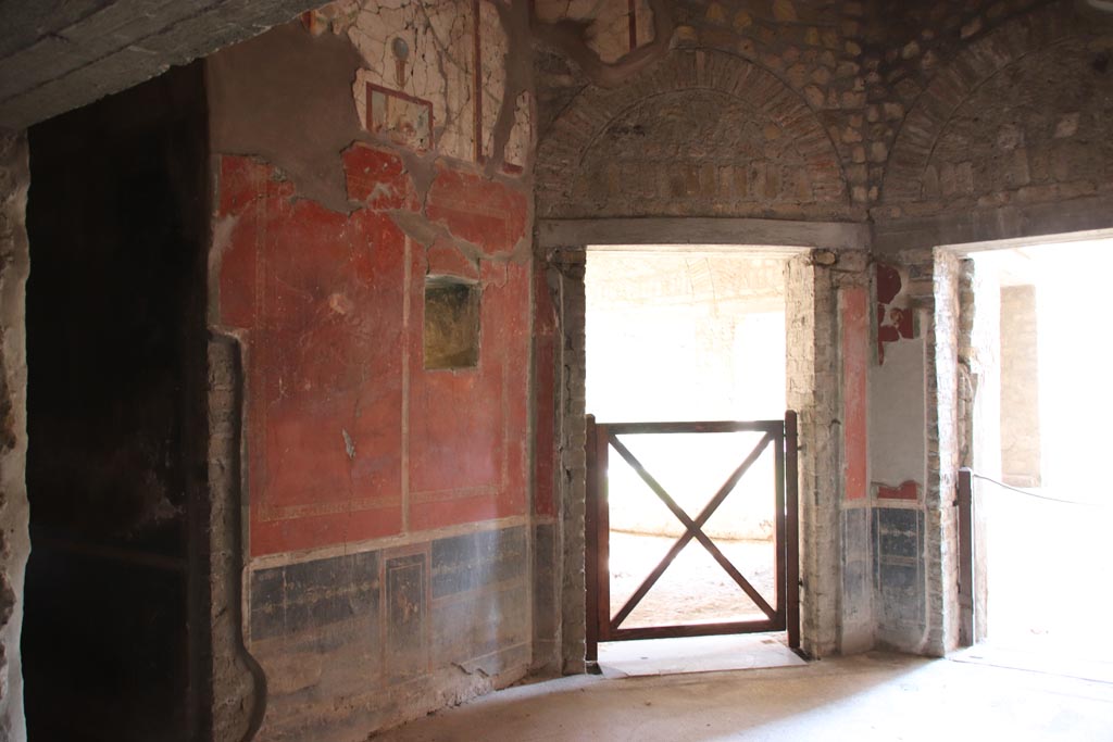 Oplontis Villa of Poppea, October 2022. 
Room 79, looking towards north wall, with entrance to corridor 77, on left, doorway to room 78, in centre, and to room 85, on right.
Photo courtesy of Klaus Heese.