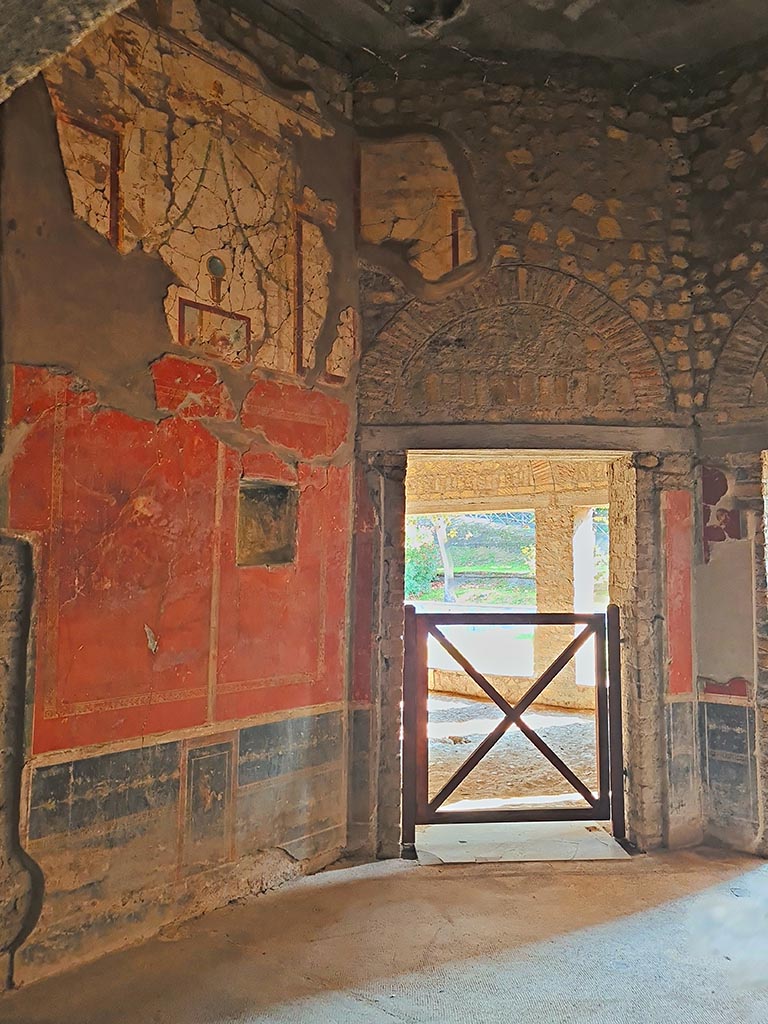 Oplontis Villa of Poppea, October 2023. 
Room 79, north wall, with doorway into room 78, in centre. Photo courtesy of Giuseppe Ciaramella.