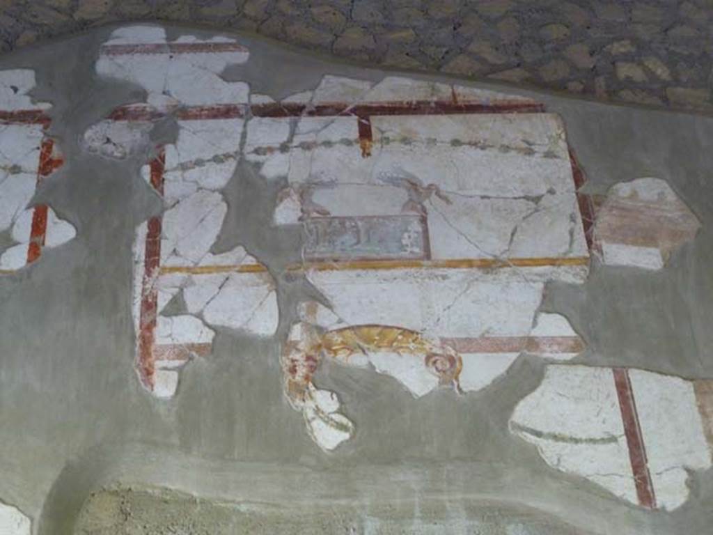 Oplontis, May 2011. Room 81, south wall, painting with swans and landscape above doorway to room 83.
Photo courtesy of Michael Binns.