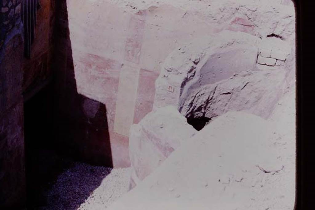 Oplontis, 1977. Room 87, on left and room 89 on right. Looking towards west wall.
The semi-circular window can be seen on the right. Photo by Stanley A. Jashemski.   
Source: The Wilhelmina and Stanley A. Jashemski archive in the University of Maryland Library, Special Collections (See collection page) and made available under the Creative Commons Attribution-Non Commercial License v.4. See Licence and use details. J77f0554