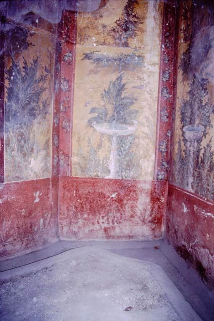 Oplontis, 1983 or 1984. Room 87, looking north. The two panels on the left are on the north wall, on the east side of the semi-circular window. The panel on the right is from the east wall.
Source: The Wilhelmina and Stanley A. Jashemski archive in the University of Maryland Library, Special Collections (See collection page) and made available under the Creative Commons Attribution-Non Commercial License v.4. See Licence and use details. Oplo0057