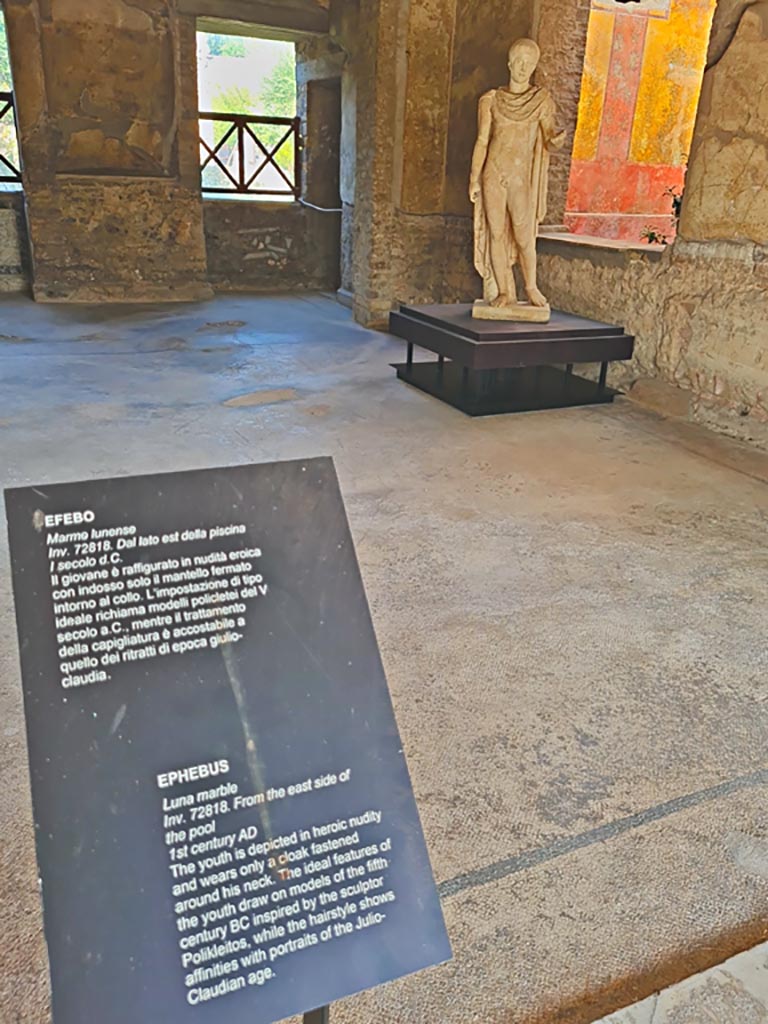 Oplontis Villa of Poppea, October 2023. 
Area 92/96, marble statue of Ephebus on display in room 65, but found on east side of pool.
Photo courtesy of Giuseppe Ciaramella