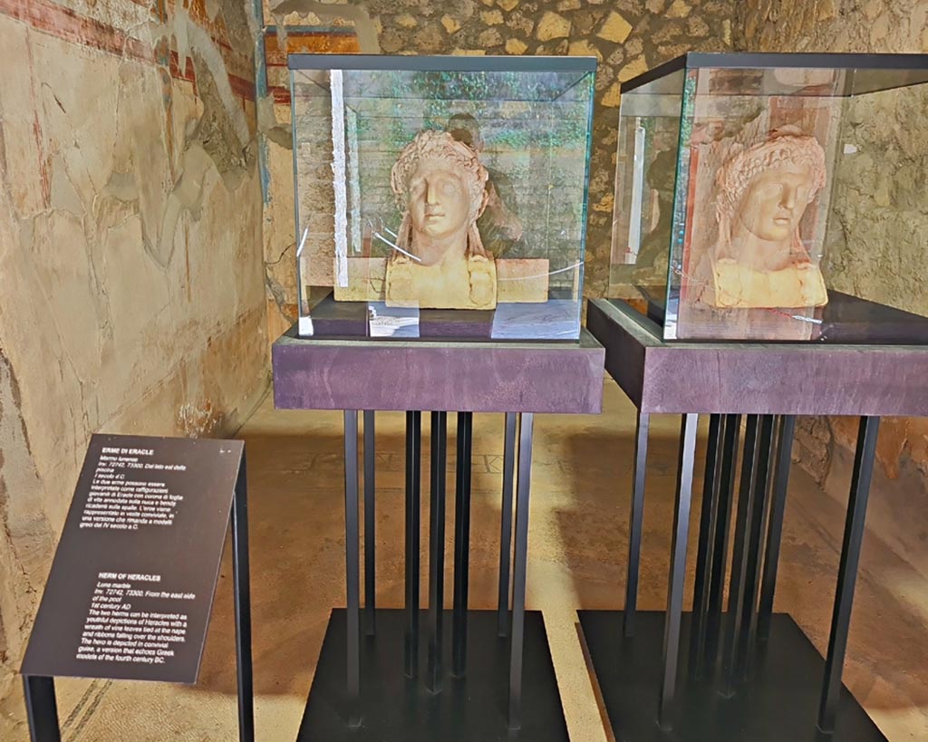 Oplontis Villa of Poppea, October 2023. 
Area 92/96, two marble herms of Hercules found on east side of the pool, on display here in Room 25.  
Photo courtesy of Giuseppe Ciaramella.