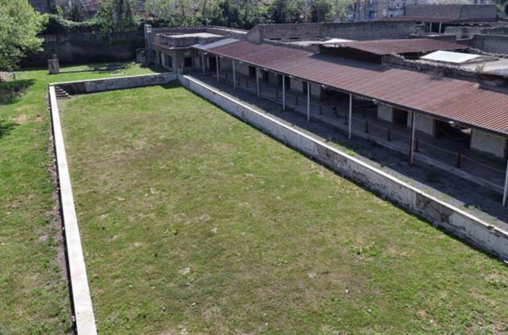 Oplontis Villa of Poppea, April 2018. 
Looking south along east side (area 98) of swimming pool 96 towards area 92, the sculpture garden, on its south side. Photo courtesy of Ian Lycett-King. Use is subject to Creative Commons Attribution-NonCommercial License v.4 International.