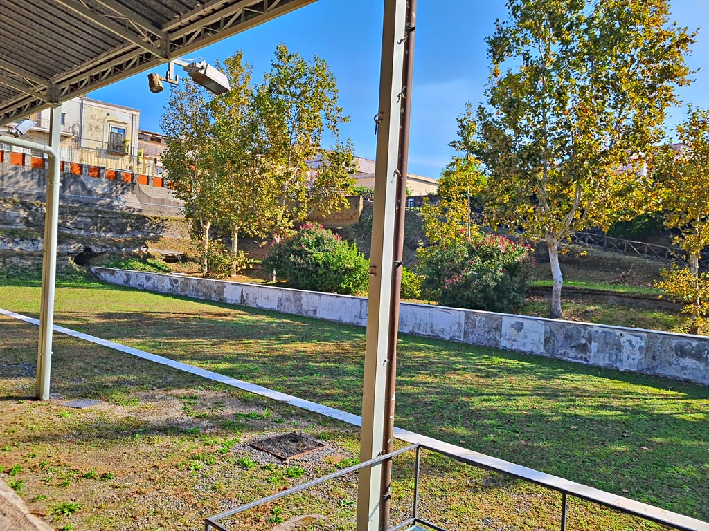 Oplontis Villa of Poppea, October 2023. 
Area 96, looking north-east across pool from south end. Photo courtesy of Giuseppe Ciaramella.