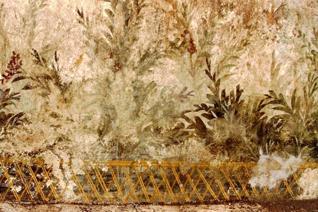 Oplontis, 1983 or 1984.  Detail from painting with flowering shrubs and birds seen behind a lattice fence
Source: The Wilhelmina and Stanley A. Jashemski archive in the University of Maryland Library, Special Collections (See collection page) and made available under the Creative Commons Attribution-Non Commercial License v.4. See Licence and use details. Oplo0073