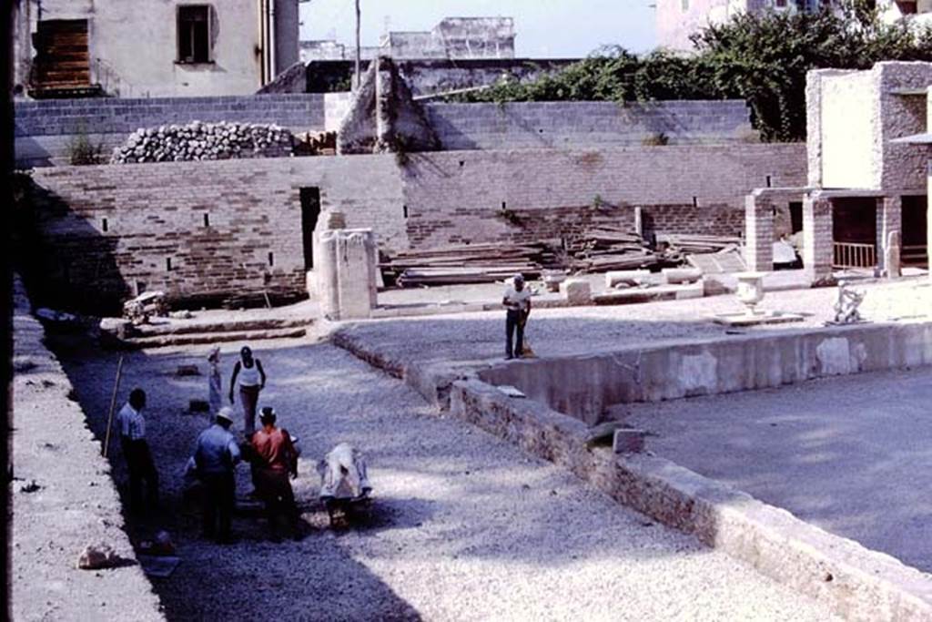 Oplontis Villa of Poppea, 1978. Area 98, south end and terrace 92 in south-east corner of the swimming pool 96. 
Photo by Stanley A. Jashemski.   
Source: The Wilhelmina and Stanley A. Jashemski archive in the University of Maryland Library, Special Collections (See collection page) and made available under the Creative Commons Attribution-Non Commercial License v.4. See Licence and use details.
J78f0045