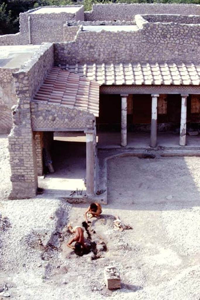 Oplontis, 1974. Excavating in the north garden, looking south to Portico 34 (13). 
Photo by Stanley A. Jashemski.   
Source: The Wilhelmina and Stanley A. Jashemski archive in the University of Maryland Library, Special Collections (See collection page) and made available under the Creative Commons Attribution-Non Commercial License v.4. See Licence and use details. J74f0612