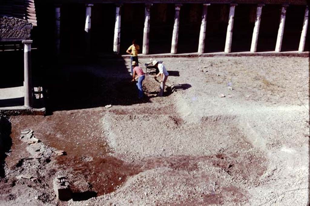 Oplontis, 1974. Looking south towards north-east side of portico 34. Photo by Stanley A. Jashemski.   
Source: The Wilhelmina and Stanley A. Jashemski archive in the University of Maryland Library, Special Collections (See collection page) and made available under the Creative Commons Attribution-Non Commercial License v.4. See Licence and use details. J74f0189