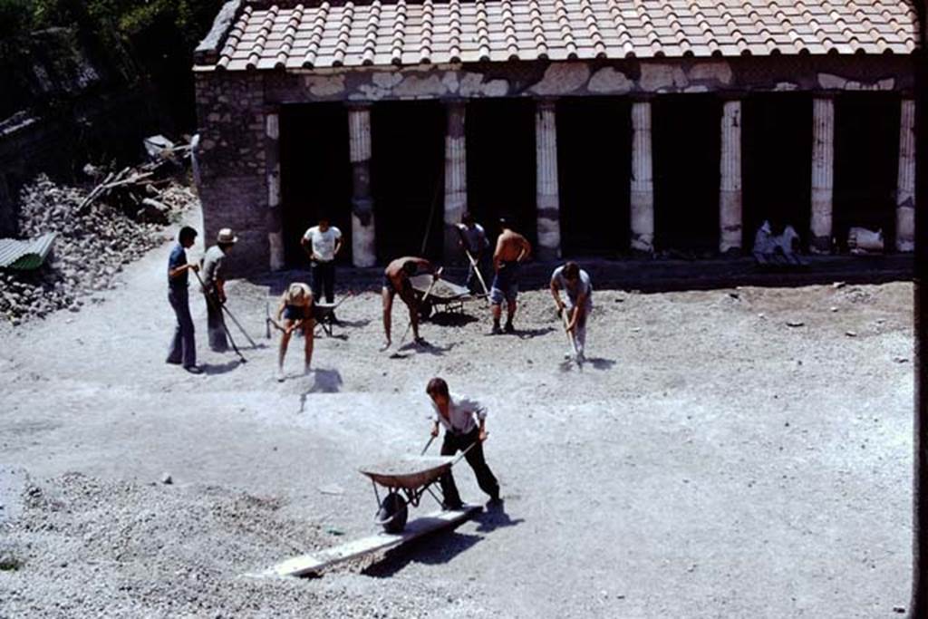 Oplontis Villa of Poppea, 1975 or 1974. Area 59, the south-east peristyle. Looking west during garden excavation. Photo by Stanley A. Jashemski.   
Source: The Wilhelmina and Stanley A. Jashemski archive in the University of Maryland Library, Special Collections (See collection page) and made available under the Creative Commons Attribution-Non Commercial License v.4. See Licence and use details. J74f0875